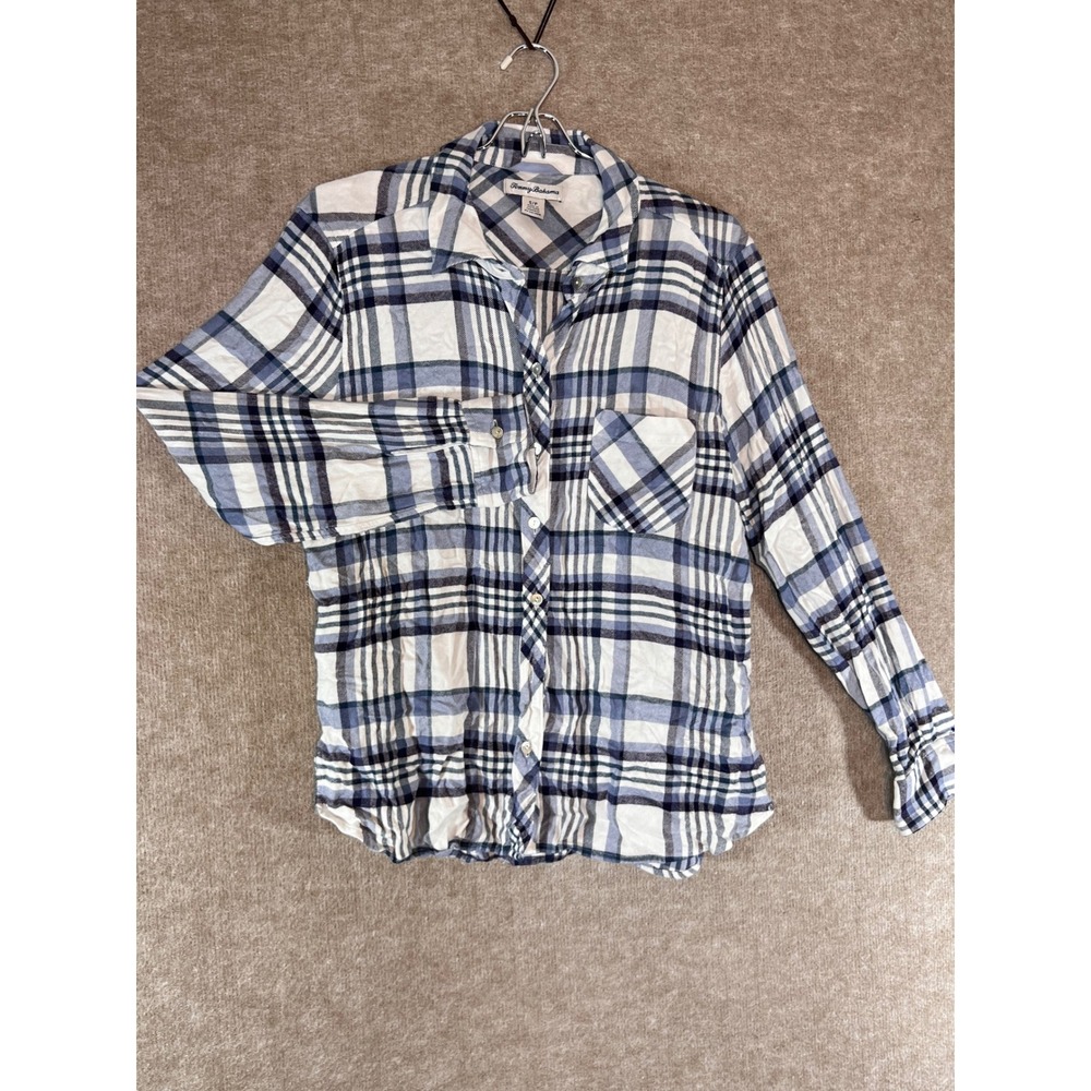 Tommy Bahama Shirt Women S Blue Plaid ECOVERO Viscose Button Up Coastal